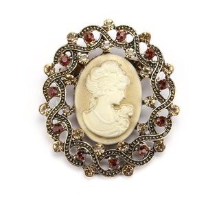 Vintage Style Victorian Lady Cameo Oval Brooch Brown Beige Rhinestones Sparkle
